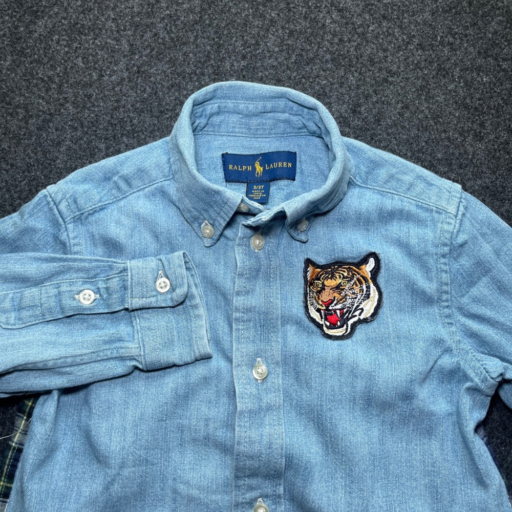 Ralph Lauren Button Down Shirt Kids 3T Blue Excellent Tiger Plaid Denim Flannel
